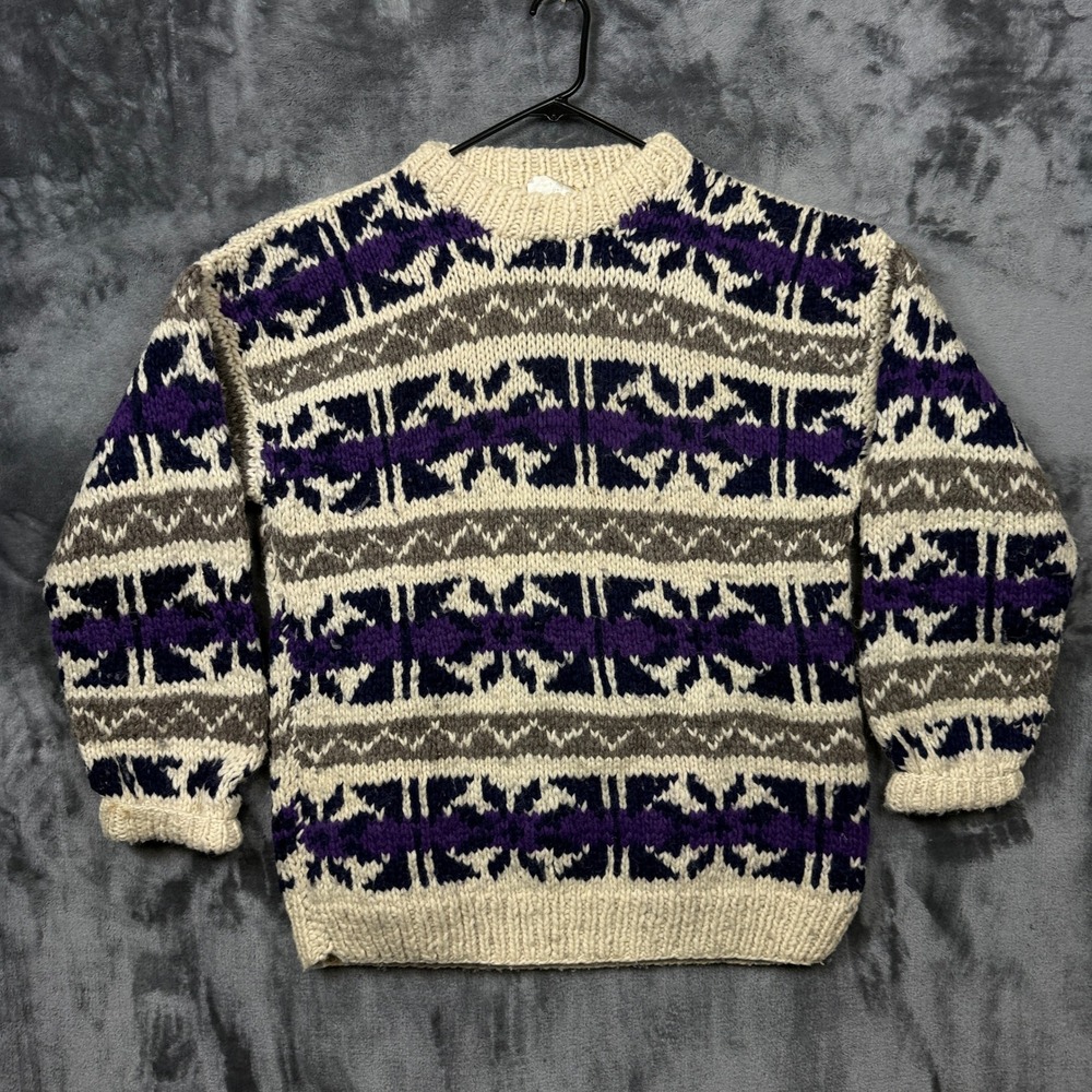 Country River Sweater Mens XL Cream Purple Good Hand Knit Wool Fair Isle Ecuador